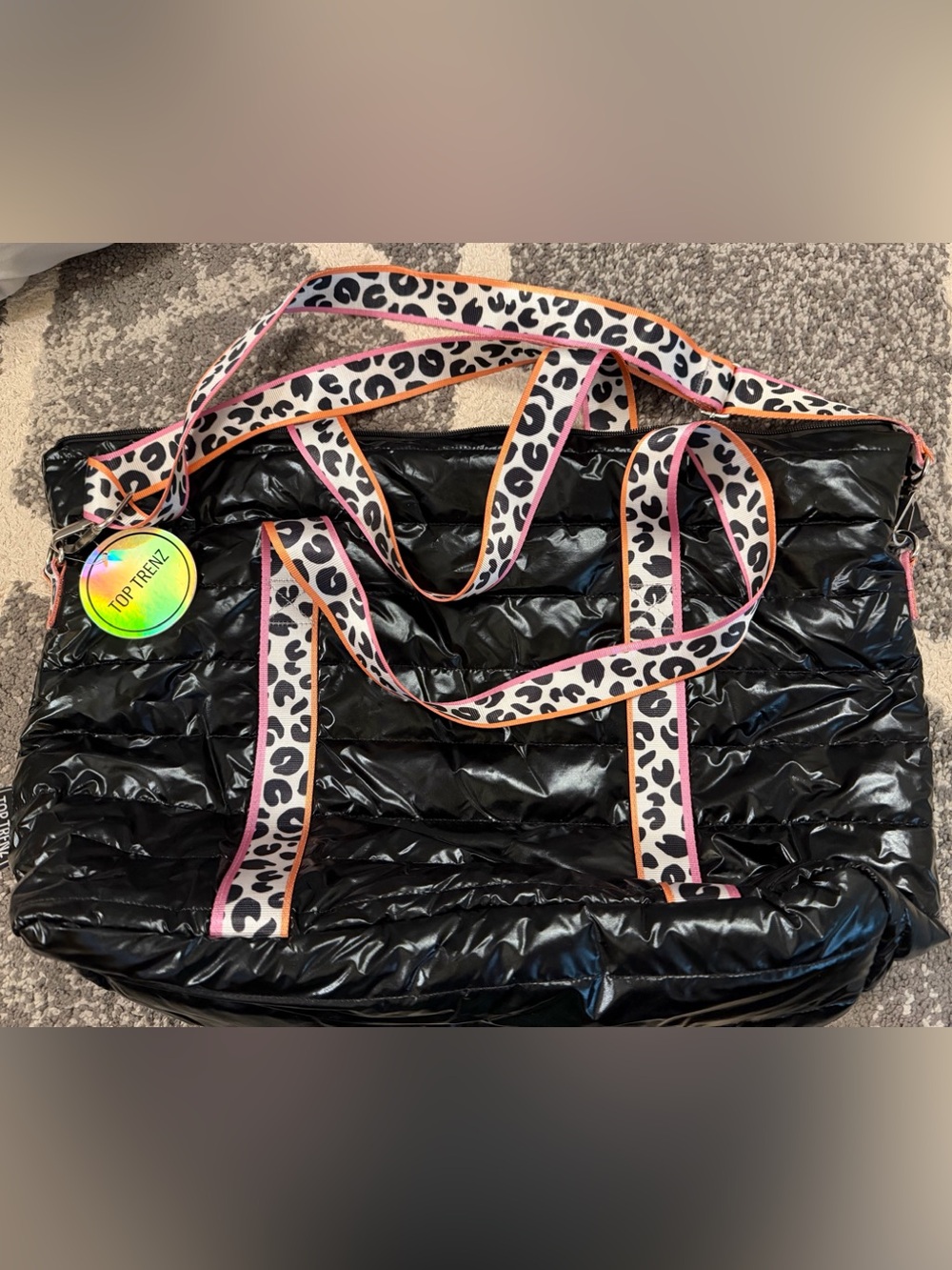 Top Trenz, Inc. Black Puffer Quilted Leopard Print Pink & Orange Straps NWT